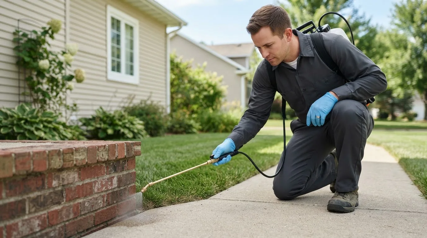 Pest control technician treating a home near New Florence, MO